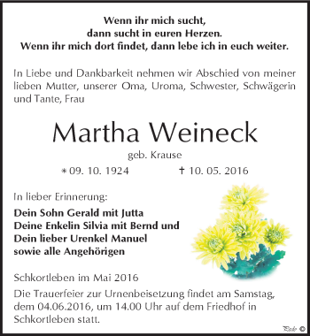 Traueranzeige von Martha Weineck von Mitteldeutsche Zeitung Weißenfels