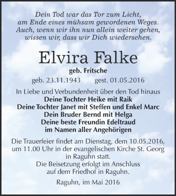 Traueranzeige von Elvira Falke von WVG - Wochenspiegel Bitterfeld