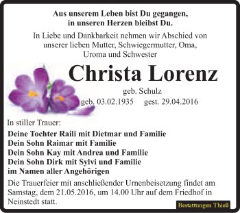 Traueranzeige von Christa Lorenz von Super Sonntag Quedlinburg