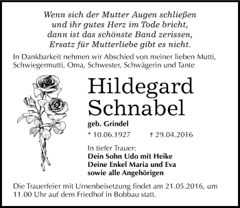 Traueranzeige von Hildegard Schnabel von Mitteldeutsche Zeitung Bitterfeld