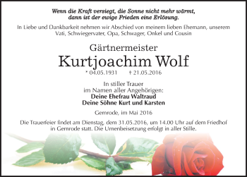 Traueranzeige von Kurtjoachim Wolf von Mitteldeutsche Zeitung Quedlinburg