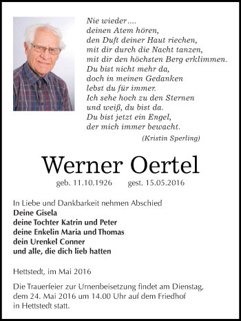 Traueranzeige von Werner Oertel von Super Sonntag SGH Mansf. Land
