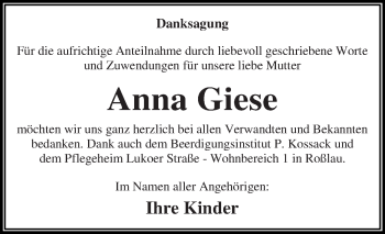 Traueranzeige von Anna Giese von WVG - Wochenspiegel Dessau / Köthen