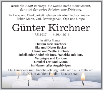Traueranzeige von Günter Kirchner von Mitteldeutsche Zeitung Halle/Saalkreis