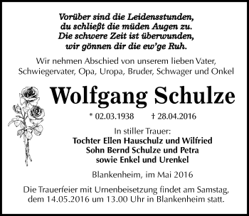 Traueranzeige von Wolfgang Schulze von Mitteldeutsche Zeitung Sangerhausen