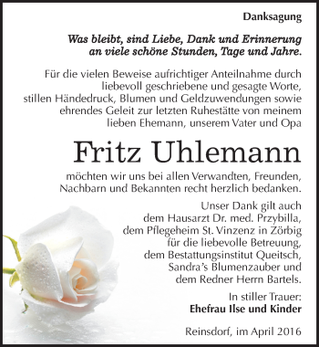 Traueranzeige von Fritz Uhlemann von Mitteldeutsche Zeitung Köthen