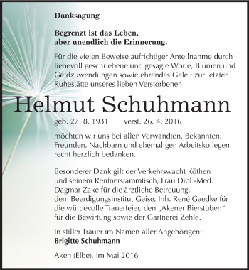 Traueranzeige von Helmut Schuhmann von Mitteldeutsche Zeitung Köthen