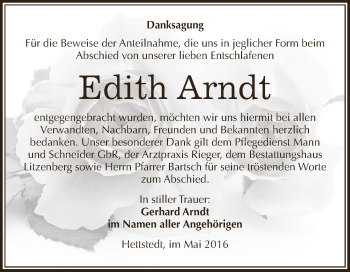 Traueranzeige von Edith Arndt von Wochenspiegel Mansfelder Land