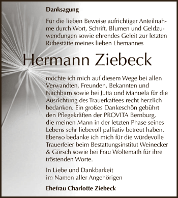 Traueranzeige von Hermann Ziebeck von Super Sonntag Bernburg
