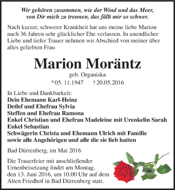 Traueranzeige von Marion Moräntz von Mitteldeutsche Zeitung Merseburg/Querfurt