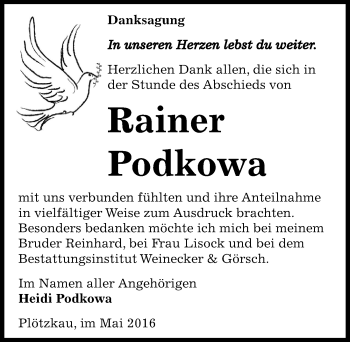 Traueranzeige von Rainer Podkowa von Mitteldeutsche Zeitung Bernburg