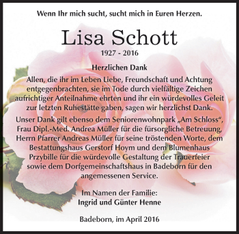 Traueranzeige von Lisa Schott von Mitteldeutsche Zeitung Quedlinburg