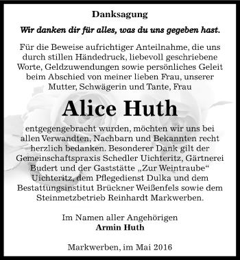 Traueranzeige von Alice Huth von Mitteldeutsche Zeitung Weißenfels