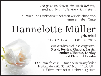 Traueranzeige von Hannelotte Müller von Mitteldeutsche Zeitung Halle/Saalkreis