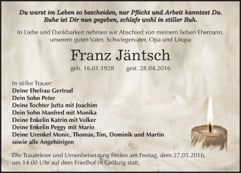 Traueranzeige von Franz Jäntsch von Mitteldeutsche Zeitung Köthen