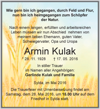 Traueranzeige von Armin Kulak von Mitteldeutsche Zeitung Mansfelder Land