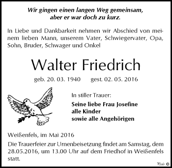 Traueranzeige von Walter Friedrich von Mitteldeutsche Zeitung Weißenfels