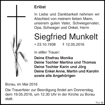 Traueranzeige von Siegfried Munkelt von WVG - Wochenspiegel NMB / WSF / ZTZ