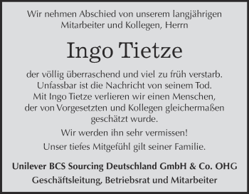 Traueranzeige von Ingo Tietze von WVG - Wochenspiegel Wittenberg