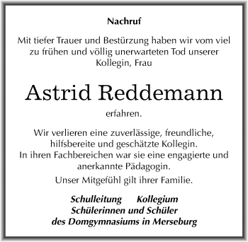 Traueranzeige von Astrid Reddemann von Mitteldeutsche Zeitung Merseburg/Querfurt