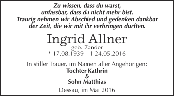 Traueranzeige von Ingrid Allner von WVG - Wochenspiegel Dessau / Köthen