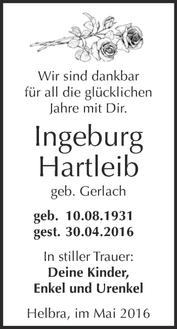 Traueranzeige von Ingeburg Hartleib von Wochenspiegel Mansfelder Land