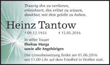 Traueranzeige von Heinz Tantow von Mitteldeutsche Zeitung Bitterfeld