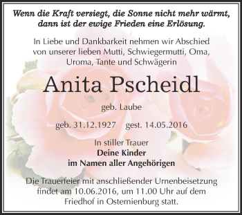 Traueranzeige von Anita Pscheidl von WVG - Wochenspiegel Dessau / Köthen