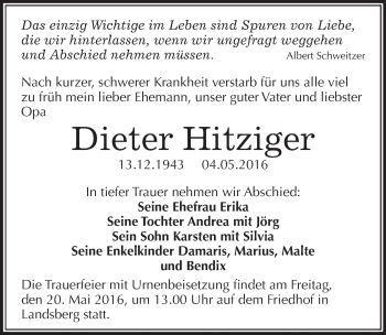 Traueranzeige von Dieter Hitziger von Mitteldeutsche Zeitung Halle/Saalkreis
