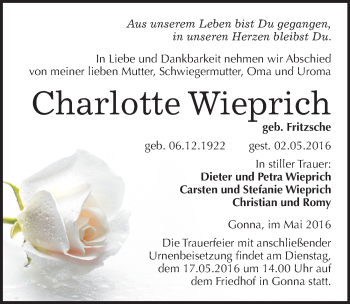 Traueranzeige von Charlotte Wieprich von Mitteldeutsche Zeitung Sangerhausen
