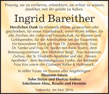 Traueranzeige von Ingrid Bareither von Mitteldeutsche Zeitung Halle/Saalkreis