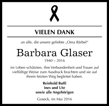 Traueranzeige von Barbara Glaser von Mitteldeutsche Zeitung Weißenfels