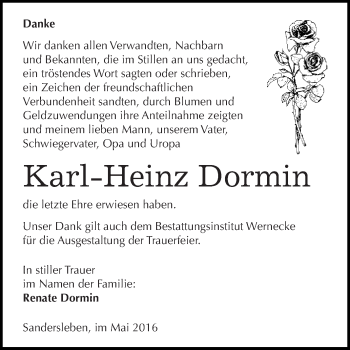 Traueranzeige von Karl-Heinz Dormin von Wochenspiegel Mansfelder Land