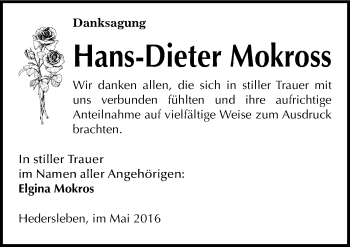 Traueranzeige von Hans-Dieter Mokross von Mitteldeutsche Zeitung Quedlinburg