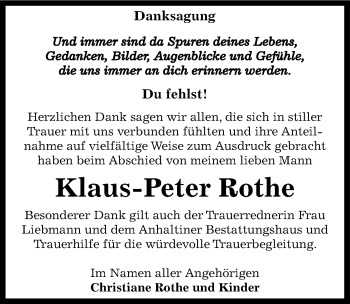 Traueranzeige von Klaus-Peter Rothe von Mitteldeutsche Zeitung Dessau-Roßlau