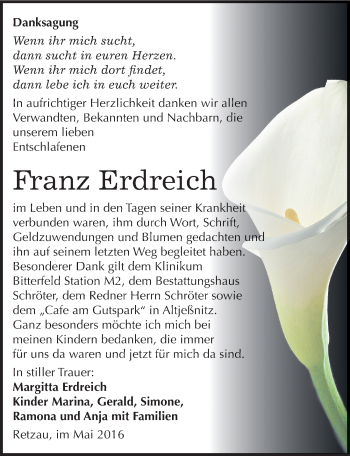 Traueranzeige von Franz Erdreich von Mitteldeutsche Zeitung Bitterfeld