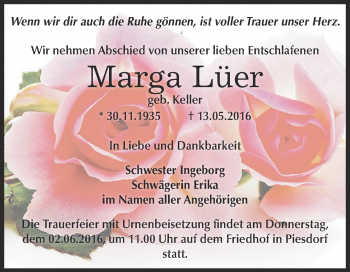 Traueranzeige von Marga Lüer von Super Sonntag Bernburg