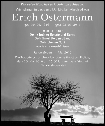 Traueranzeige von Erich Ostermann von Mitteldeutsche Zeitung Mansfelder Land