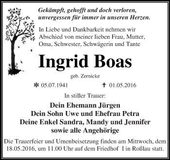 Traueranzeige von Ingrid Boas von WVG - Wochenspiegel Dessau / Köthen