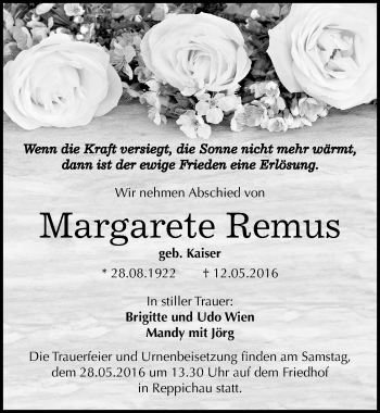 Traueranzeige von Margarete Remus von Mitteldeutsche Zeitung Köthen