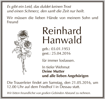 Traueranzeige von Reinhard Hanwald von WVG - Wochenspiegel Dessau / Köthen