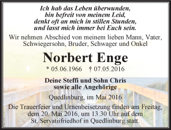 Traueranzeige von Norbert Enge von Mitteldeutsche Zeitung Quedlinburg