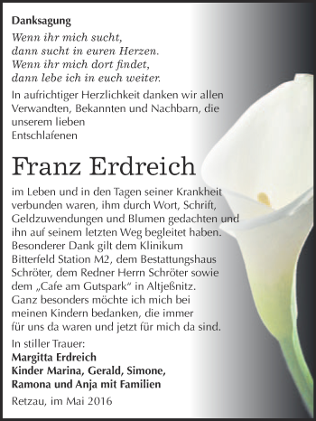 Traueranzeige von Franz Erdreich von WVG - Wochenspiegel Bitterfeld