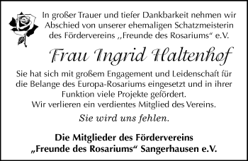 Traueranzeige von Ingrid Haltenhof von Mitteldeutsche Zeitung Sangerhausen