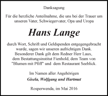 Traueranzeige von Hans Lange von Super Sonntag SGH Mansf. Land