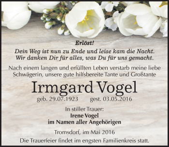 Traueranzeige von Irmgard Vogel von Mitteldeutsche Zeitung Naumburg/Nebra
