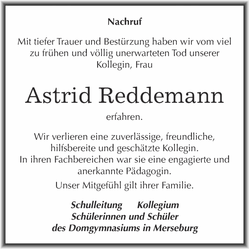  Traueranzeige für Astrid Reddemann vom 21.05.2016 aus Super Sonntag Merseburg