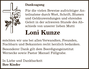 Traueranzeige von Loni Kunze von Super Sonntag Bernburg