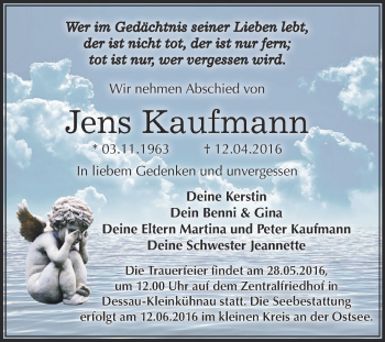 Traueranzeige von Jens Kaufmann von WVG - Wochenspiegel Dessau / Köthen