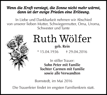 Traueranzeige von Ruth Wölfer von Wochenspiegel Mansfelder Land